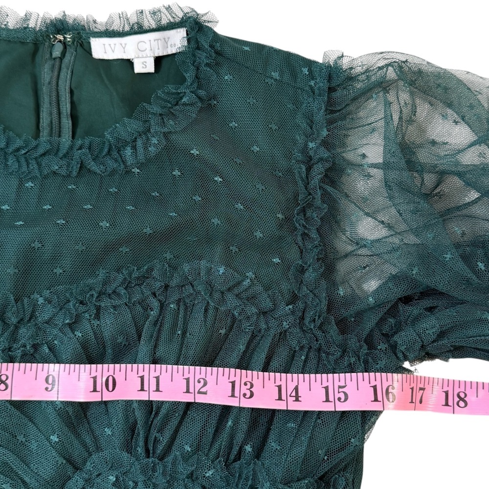 Ivy City Co Short Mini Whimsical Dress Emerald Green Tiered Lace Ruffle Small - Picture 6 of 11